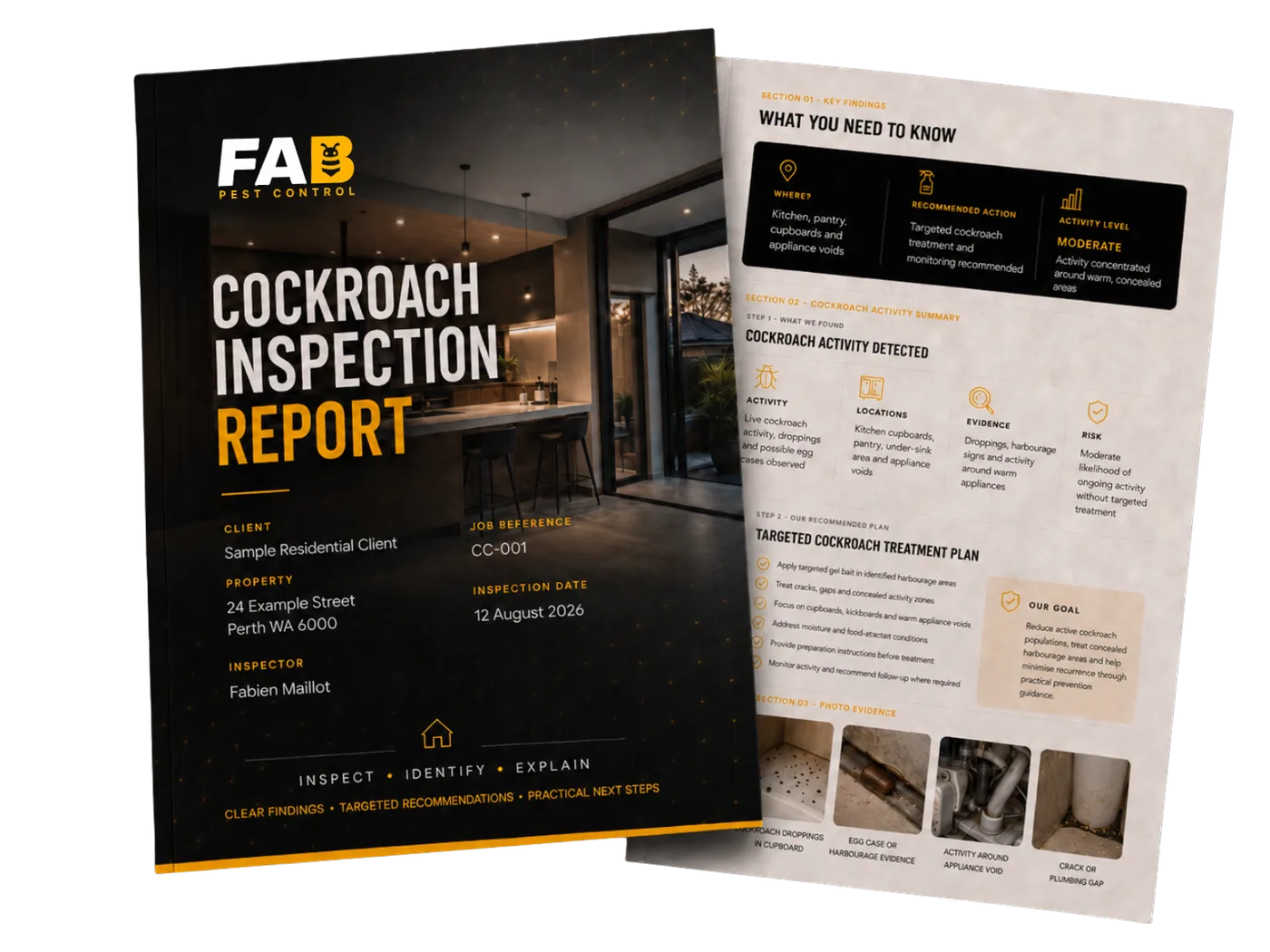 FAB Pest Control cockroach inspection report showing key findings, treatment recommendations and photo evidence.
