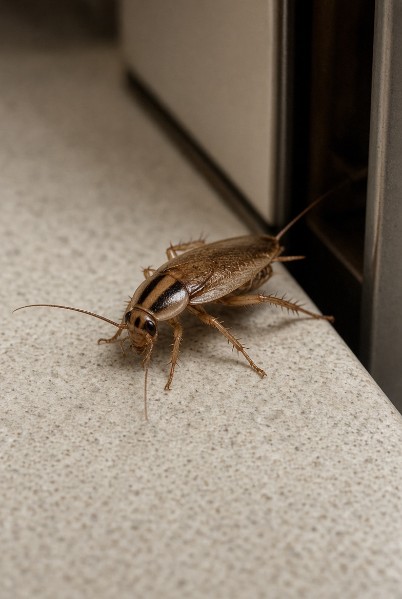 Small light tan German cockroach with two dark stripes behind its head