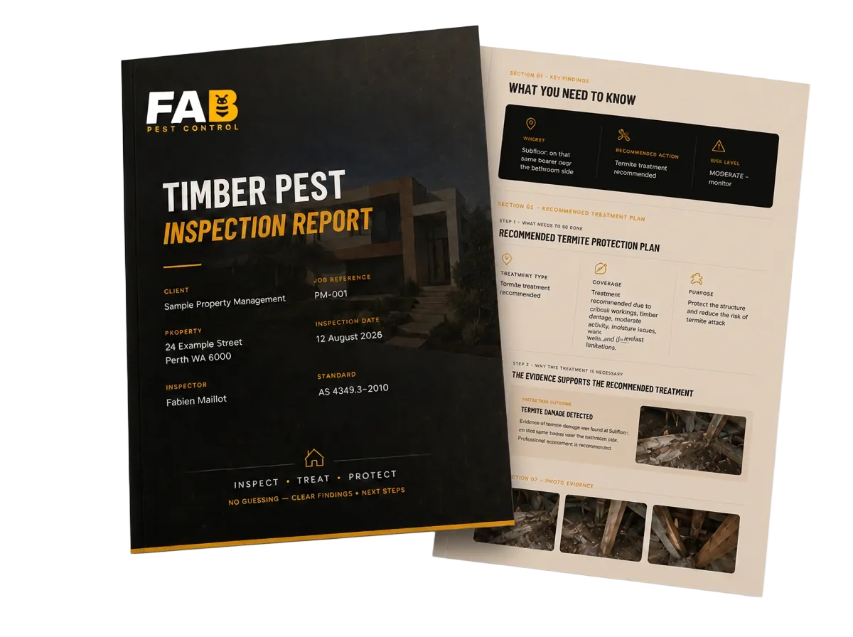 Sample FAB Timber Pest Inspection Report — cover and findings page with photo evidence.