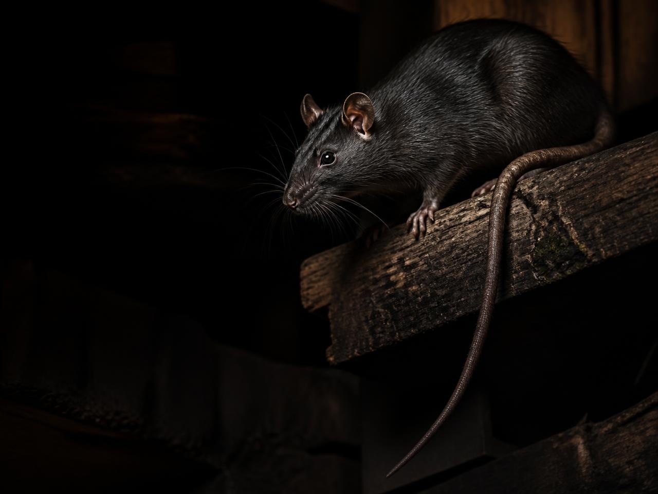 Large dark roof rat with a thicker tail and broad head